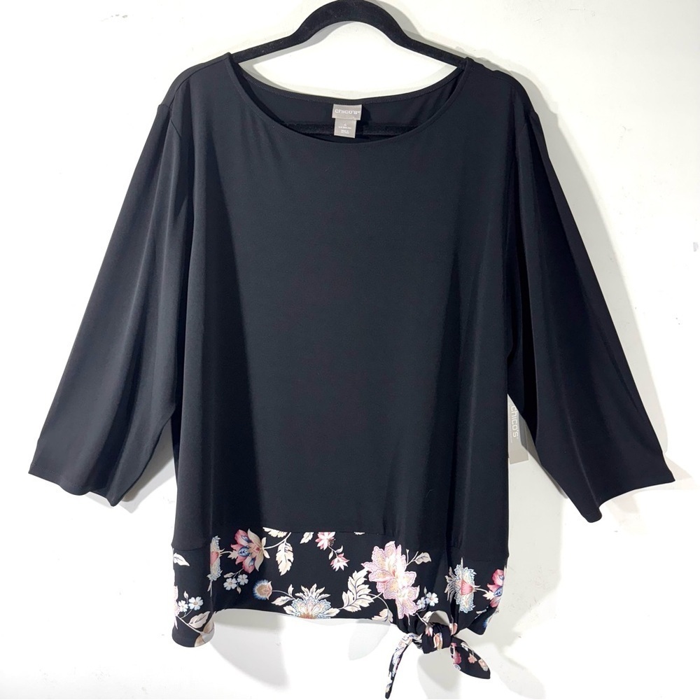 Chico’s Black 3/4 Sleeves Floral Tie Hem Top NWT